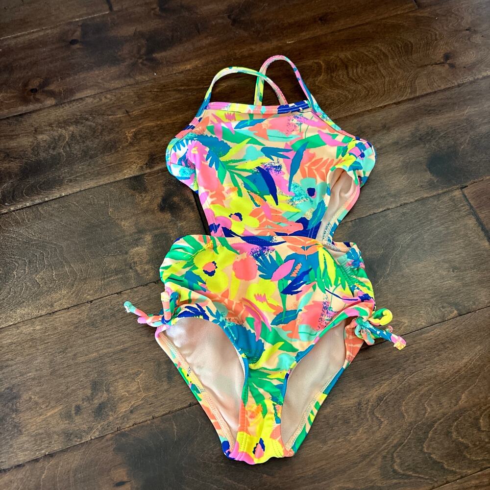 Cat and Jack Girls 3t Swimsuit Yellow Blue Green Floral One Piece Tropical